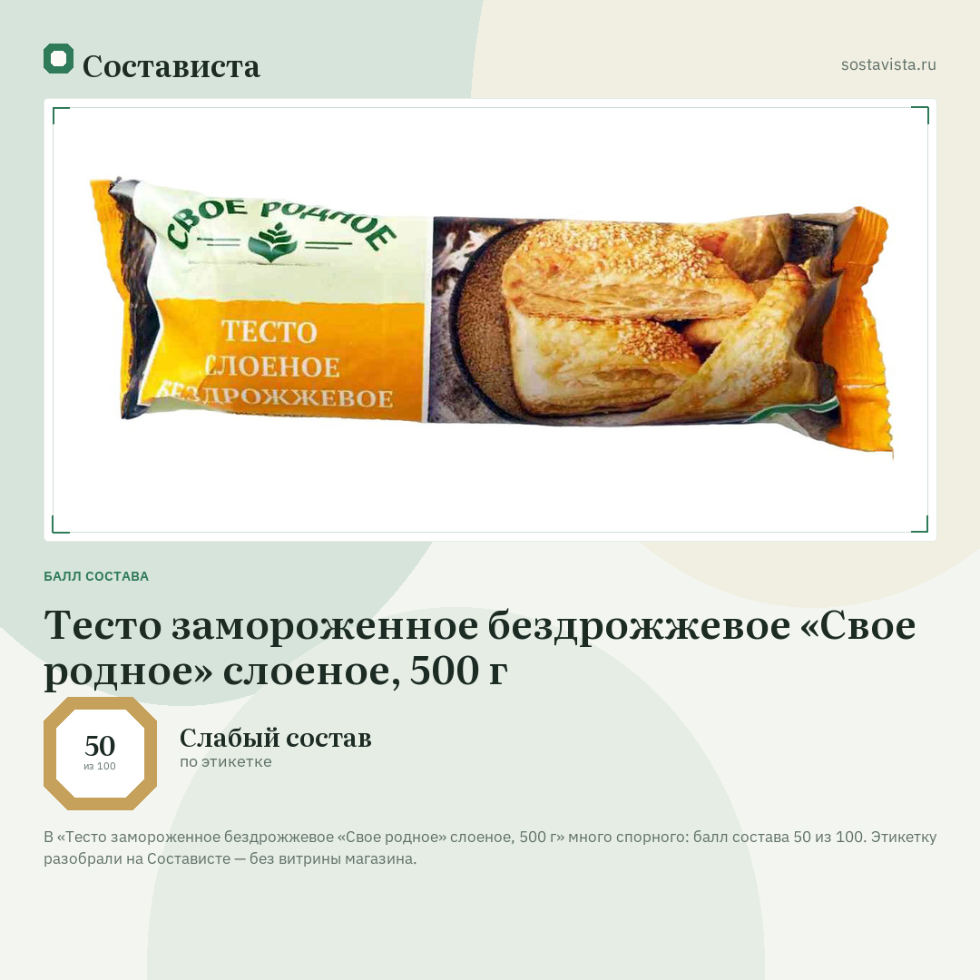 Тесто замороженное бездрожжевое «Свое родное» слоеное, 500 г: балл состава 50 из 100 — Состависта