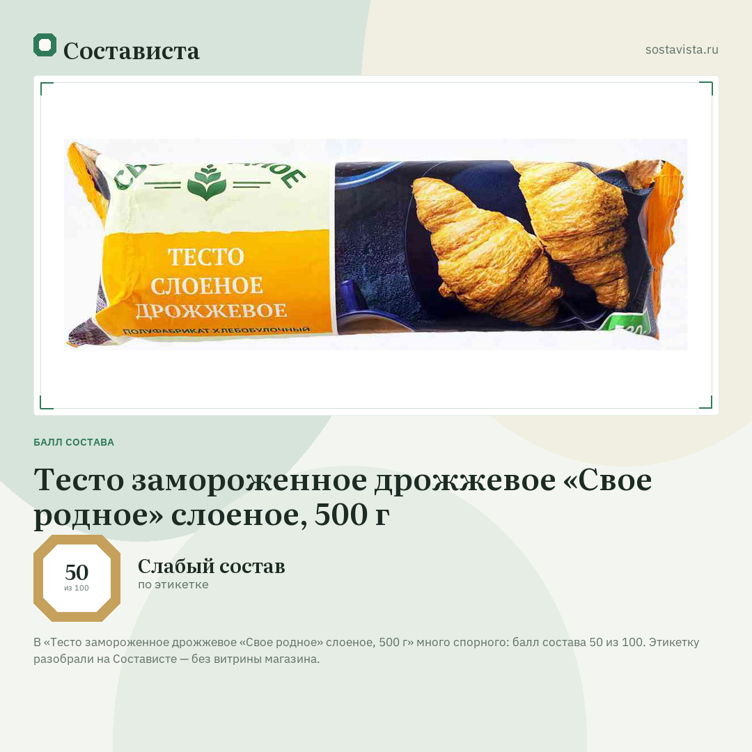 Тесто замороженное дрожжевое «Свое родное» слоеное, 500 г: балл состава 50 из 100 — Состависта