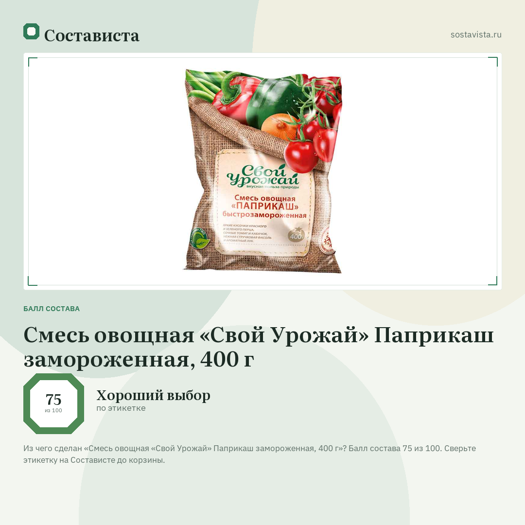 Смесь овощная «Свой Урожай» Паприкаш замороженная, 400 г: балл состава 75 из 100 — Состависта