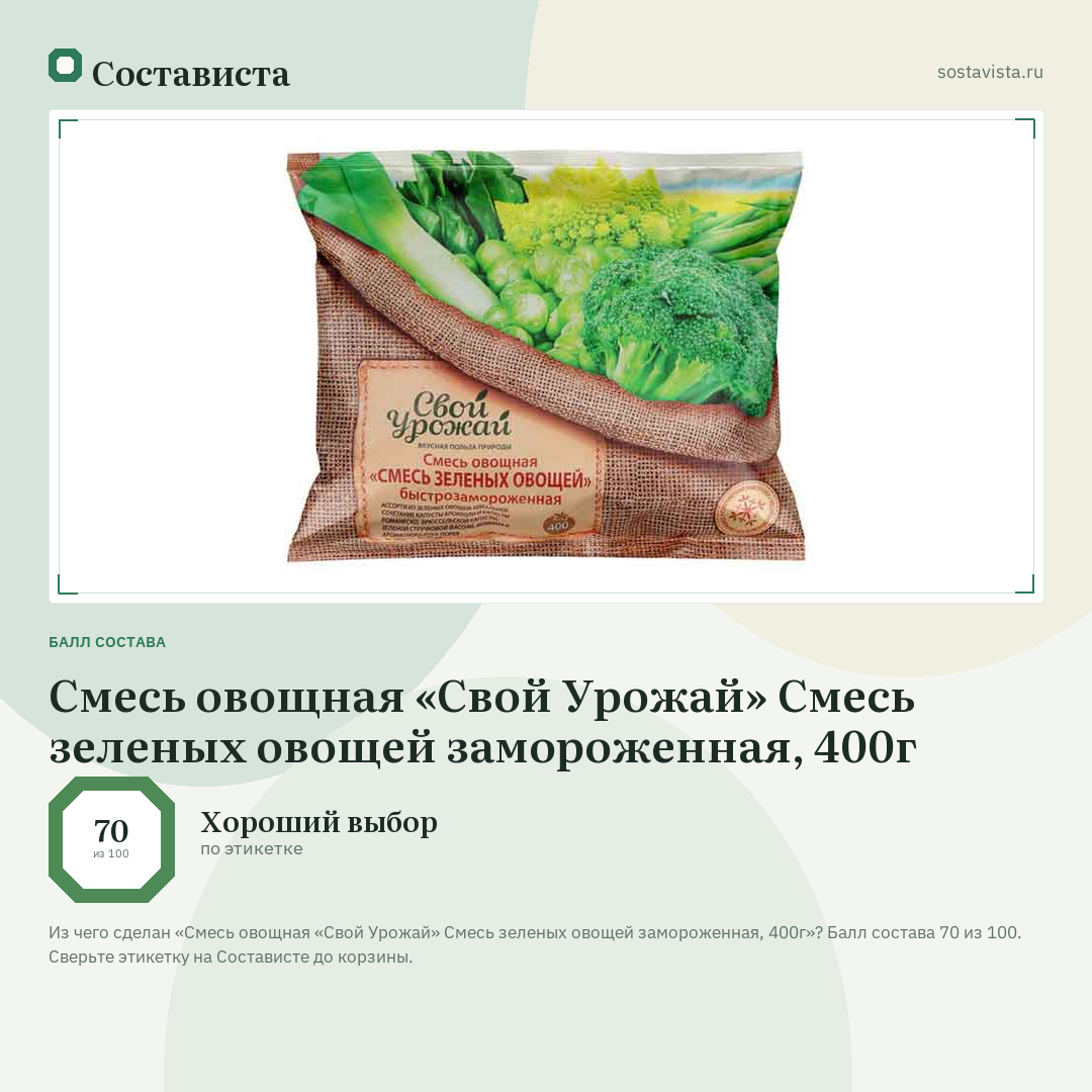 Смесь овощная «Свой Урожай» Смесь зеленых овощей замороженная, 400г: балл состава 70 из 100 — Состависта