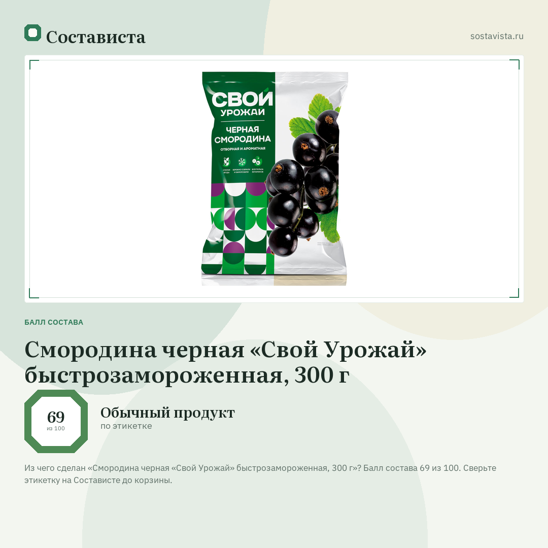 Смородина черная «Свой Урожай» быстрозамороженная, 300 г: балл состава 69 из 100 — Состависта