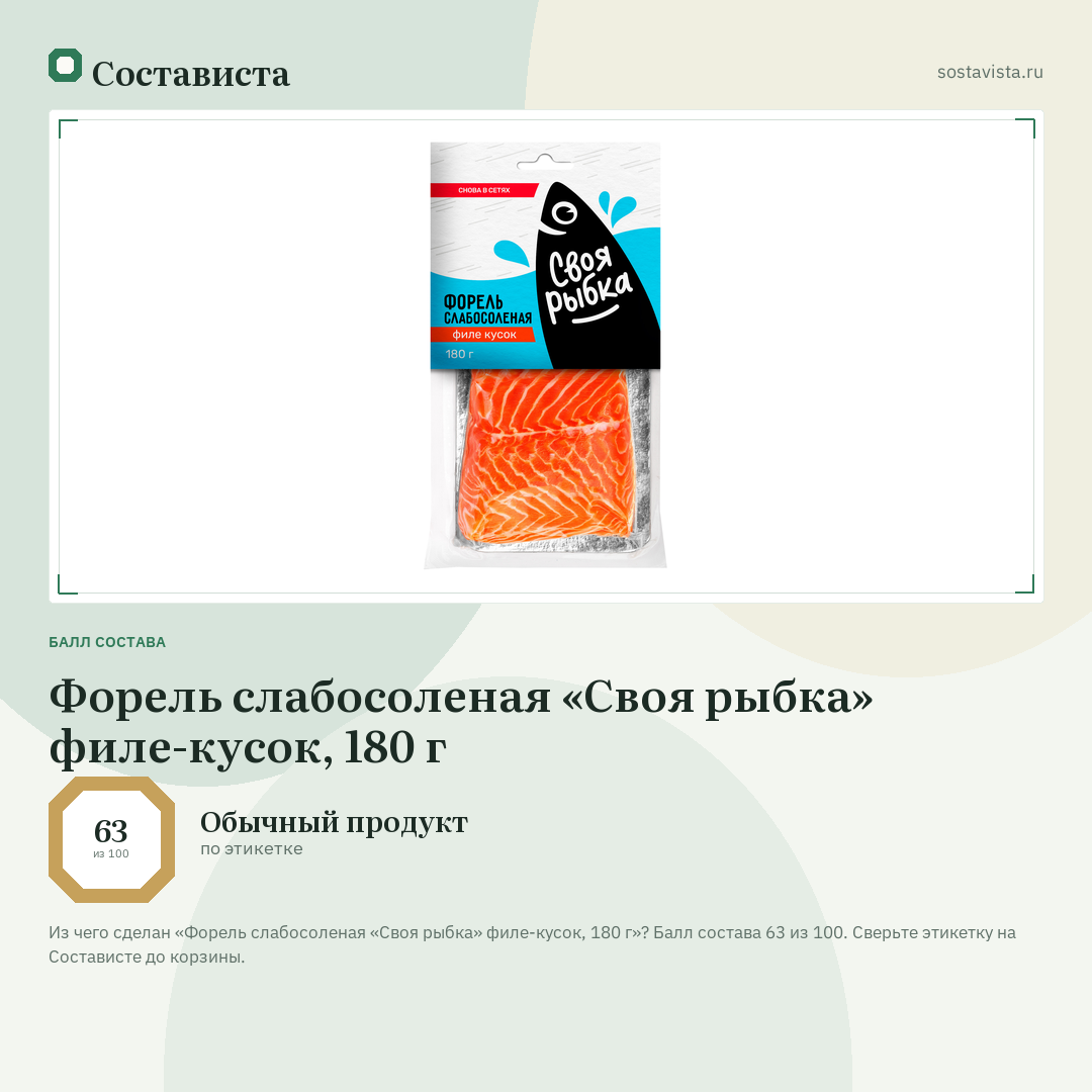 Форель слабосоленая «Своя рыбка» филе-кусок, 180 г: балл состава 63 из 100 — Состависта