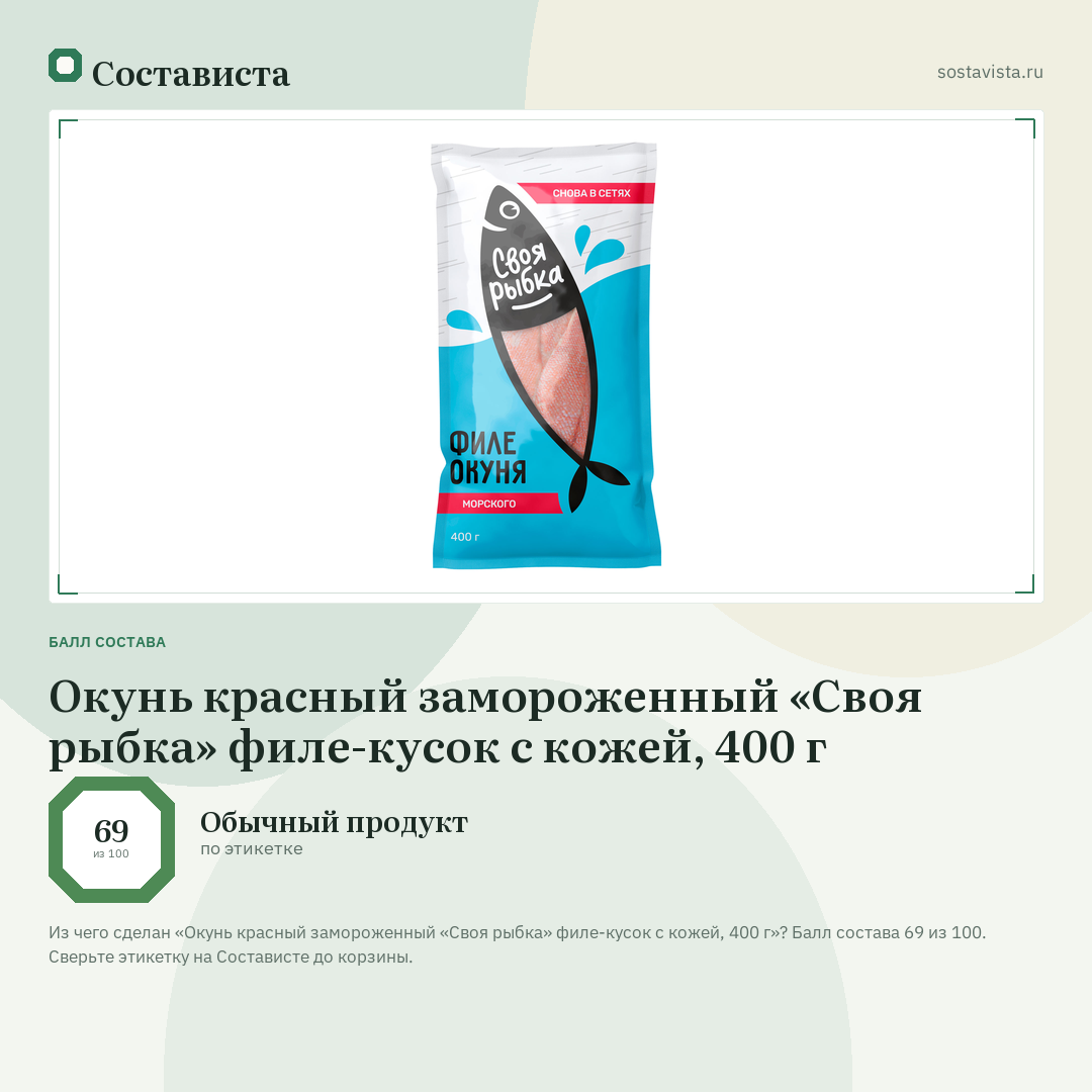 Окунь красный замороженный «Своя рыбка» филе-кусок с кожей, 400 г: балл состава 69 из 100 — Состависта