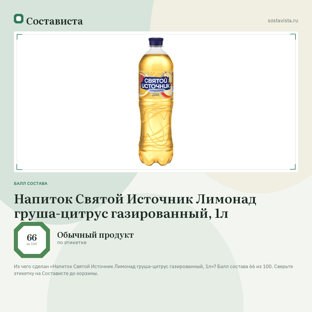 Напиток Святой Источник Лимонад груша-цитрус газированный, 1л: балл состава 66 из 100 — Состависта