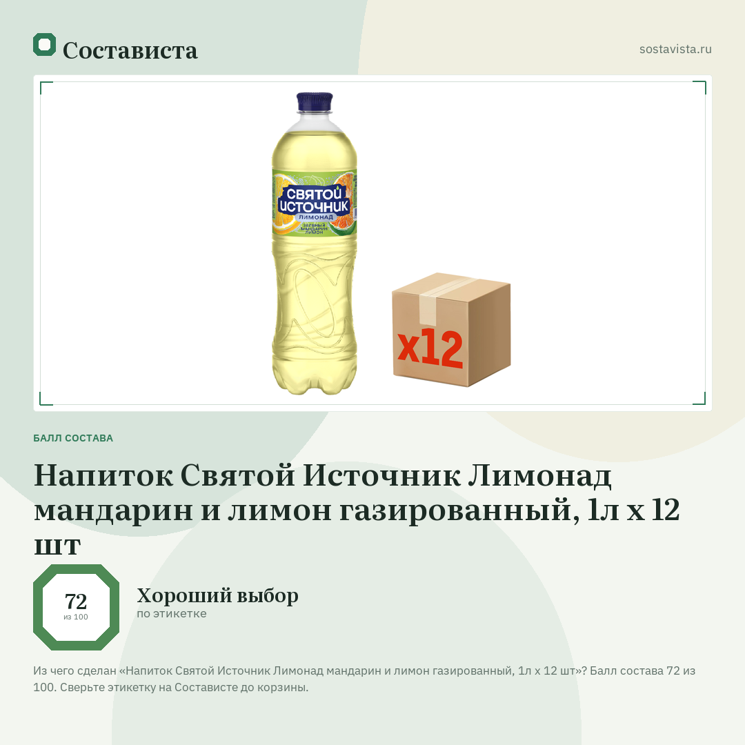 Напиток Святой Источник Лимонад мандарин и лимон газированный, 1л x 12 шт: балл состава 72 из 100 — Состависта