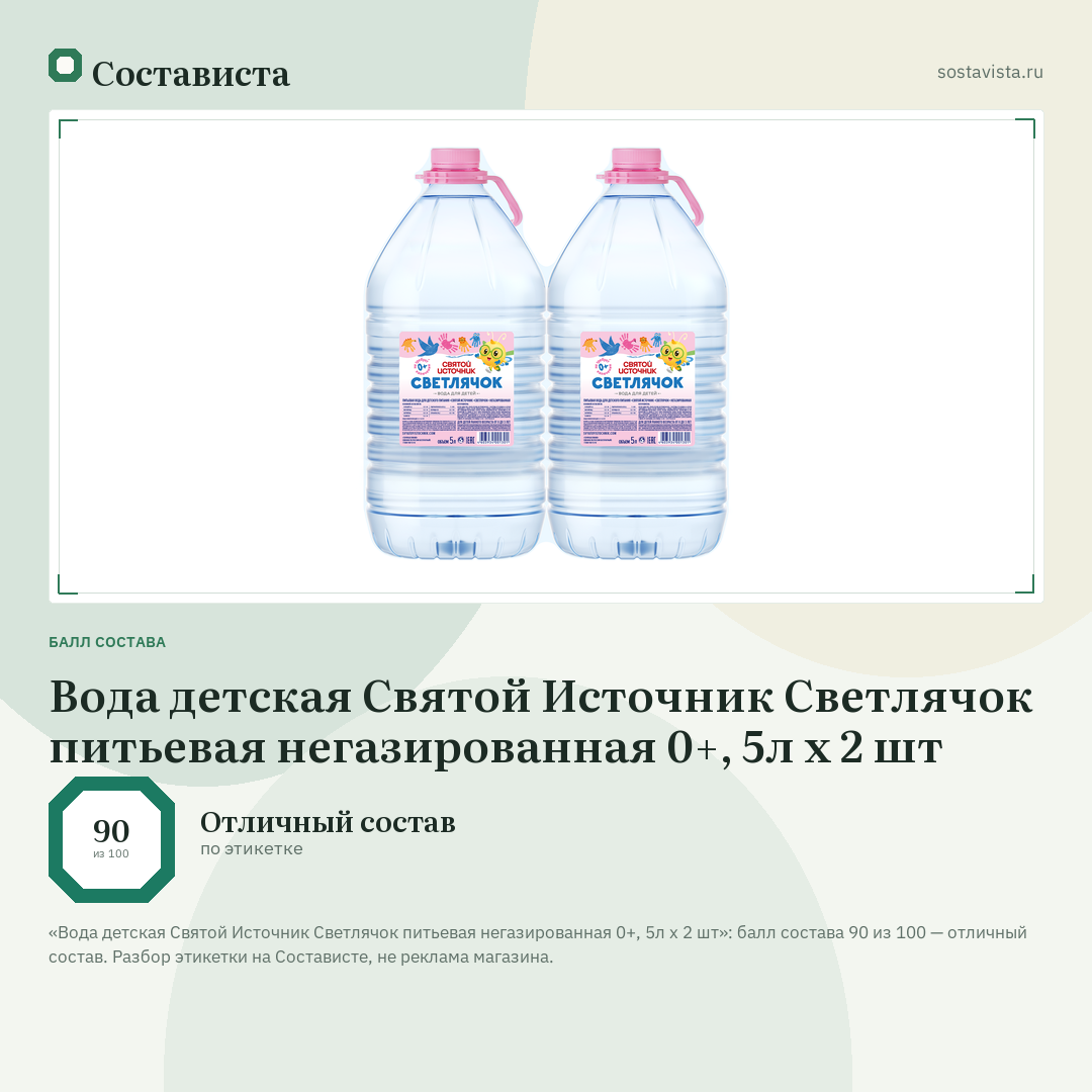 Вода детская Святой Источник Светлячок питьевая негазированная 0+, 5л x 2 шт: балл состава 90 из 100 — Состависта