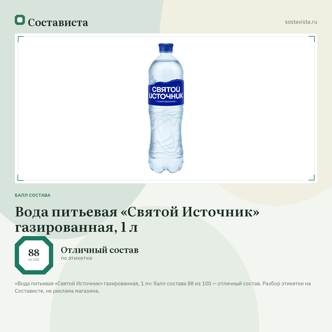 Вода питьевая «Святой Источник» газированная, 1 л: балл состава 88 из 100 — Состависта