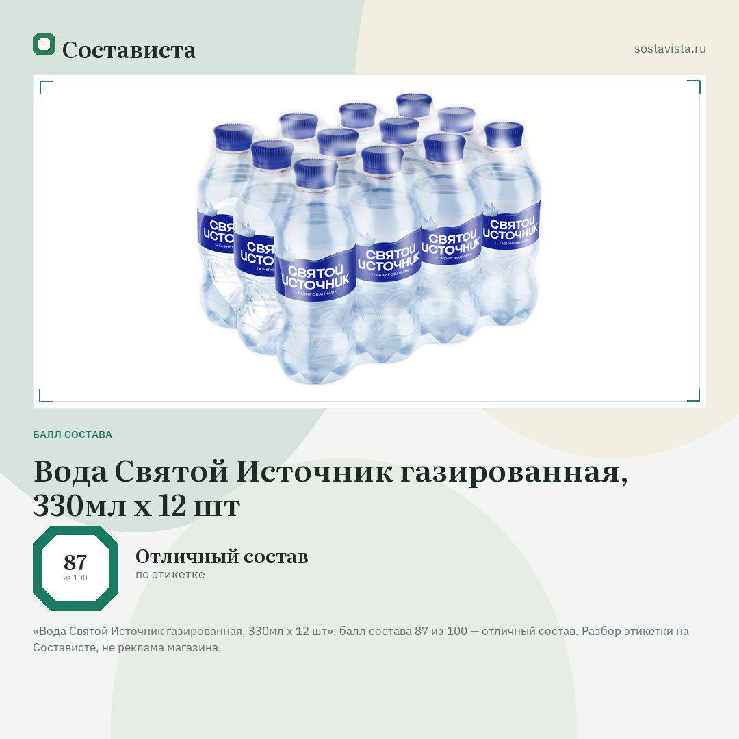 Вода Святой Источник газированная, 330мл x 12 шт: балл состава 87 из 100 — Состависта