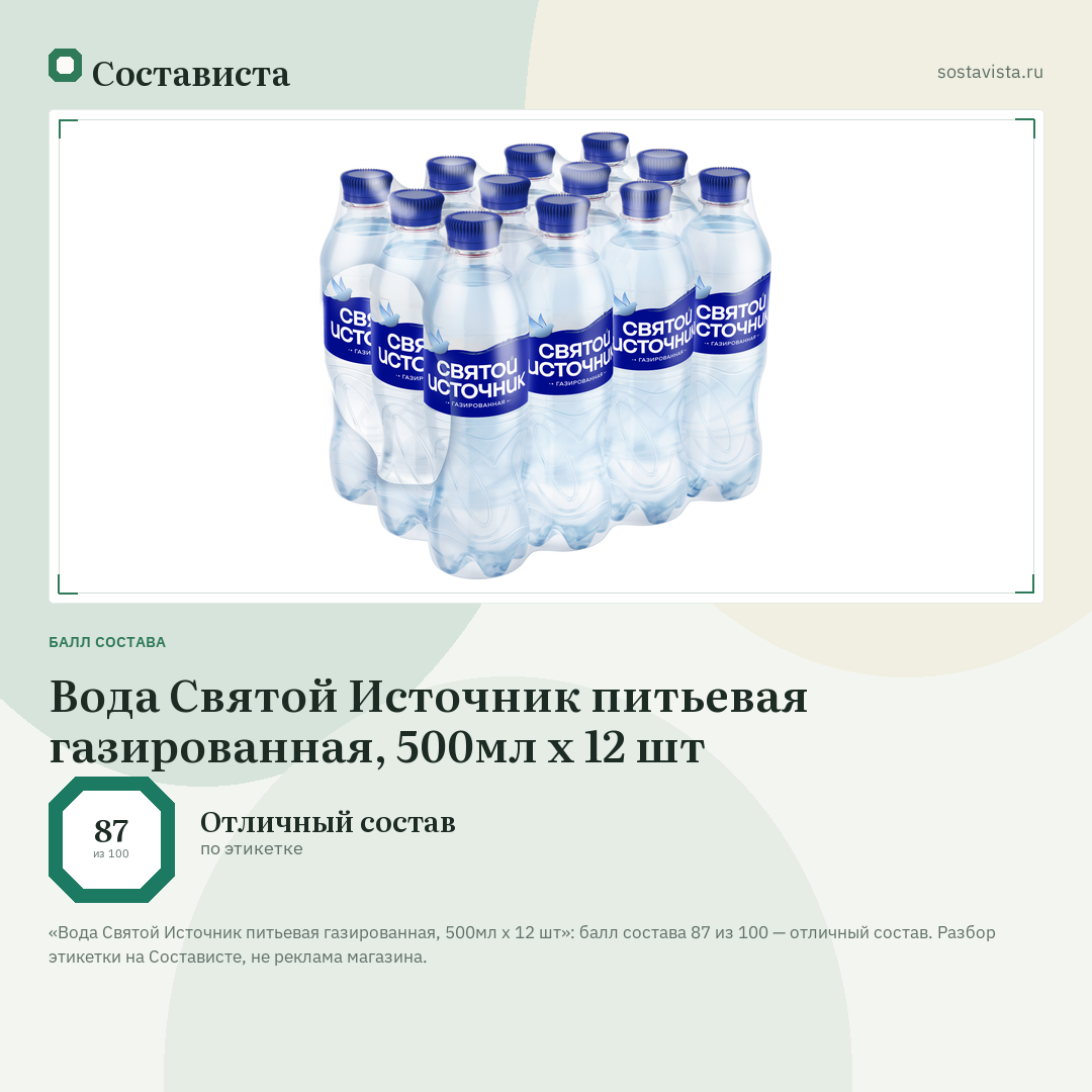 Вода Святой Источник питьевая газированная, 500мл x 12 шт: балл состава 87 из 100 — Состависта