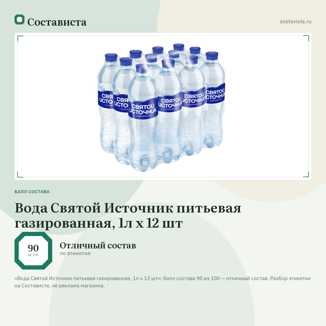 Вода Святой Источник питьевая газированная, 1л x 12 шт: балл состава 90 из 100 — Состависта
