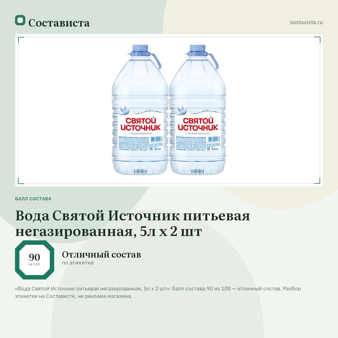 Вода Святой Источник питьевая негазированная, 5л x 2 шт: балл состава 90 из 100 — Состависта