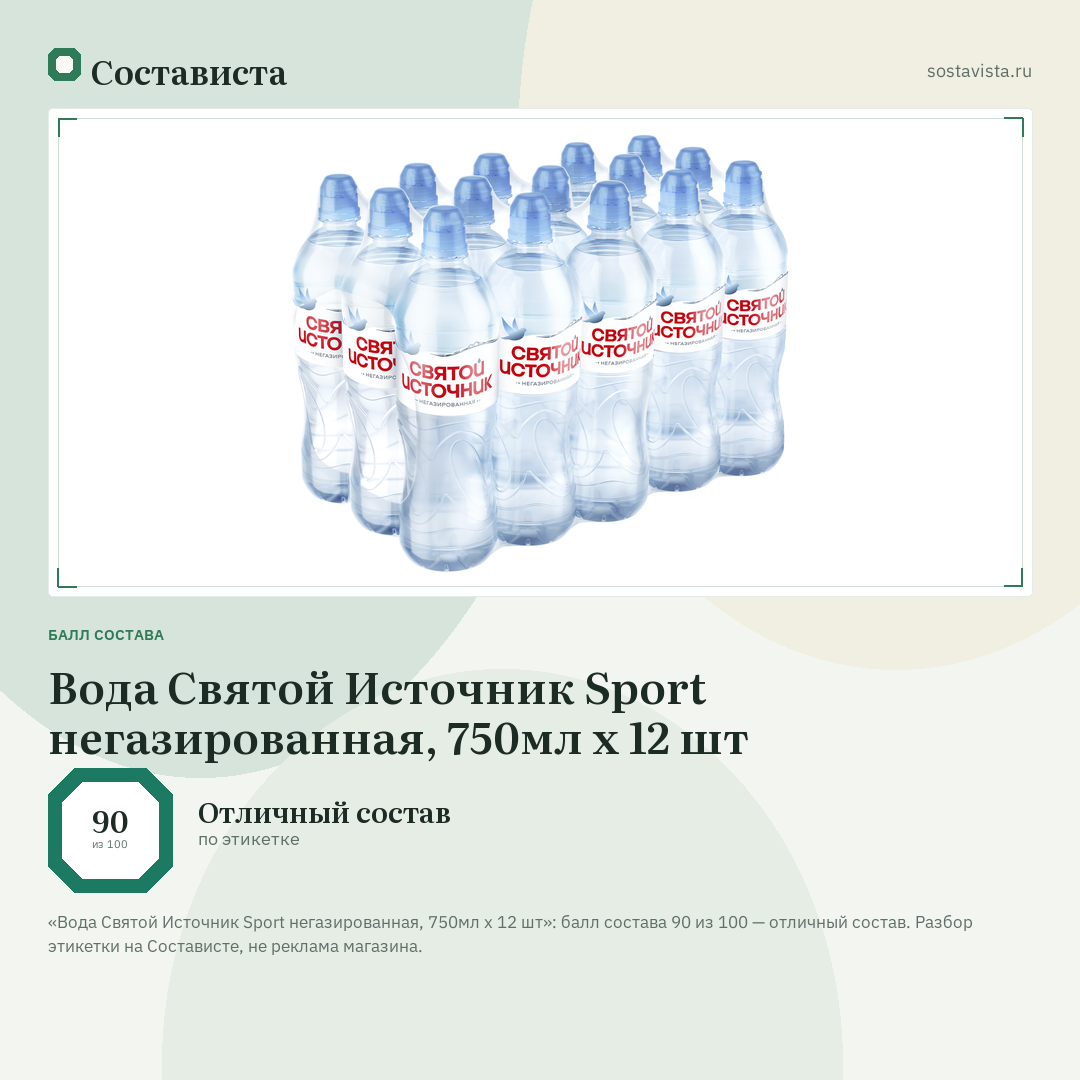 Вода Святой Источник Sport негазированная, 750мл x 12 шт: балл состава 90 из 100 — Состависта