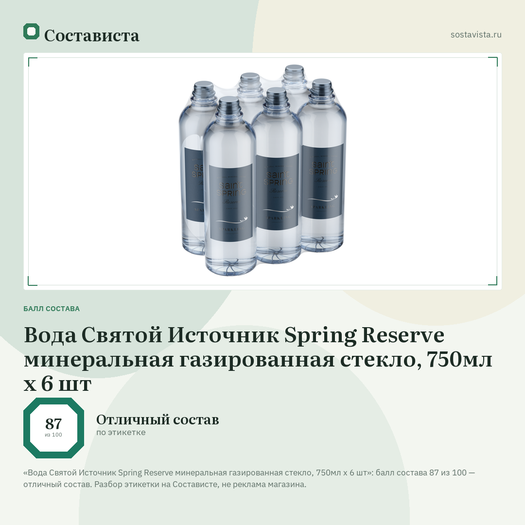 Вода Святой Источник Spring Reserve минеральная газированная стекло, 750мл x 6 шт: балл состава 87 из 100 — Состависта