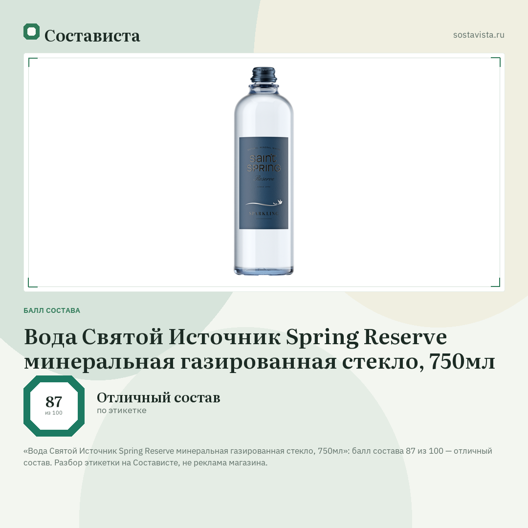 Вода Святой Источник Spring Reserve минеральная газированная стекло, 750мл: балл состава 87 из 100 — Состависта