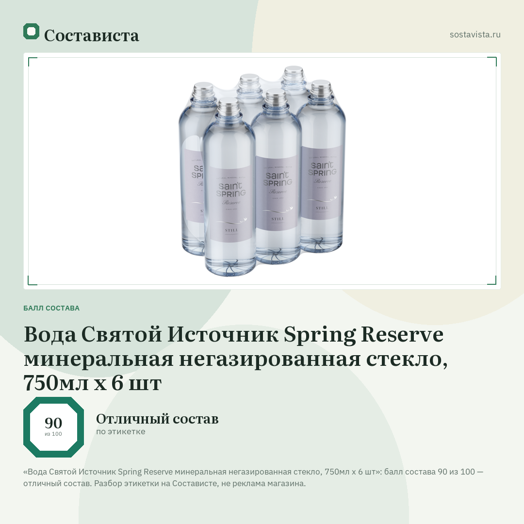 Вода Святой Источник Spring Reserve минеральная негазированная стекло, 750мл x 6 шт: балл состава 90 из 100 — Состависта