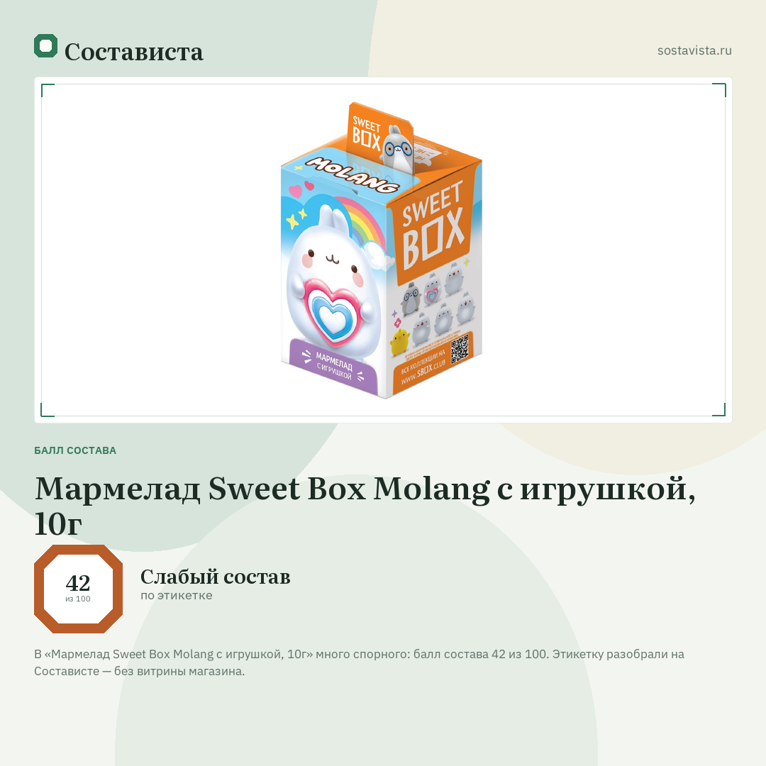 Мармелад Sweet Box Molang с игрушкой, 10г: балл состава 42 из 100 — Состависта