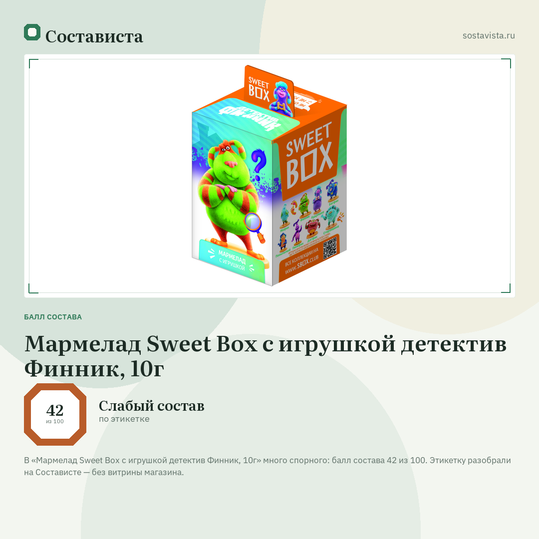 Мармелад Sweet Box с игрушкой детектив Финник, 10г: балл состава 42 из 100 — Состависта