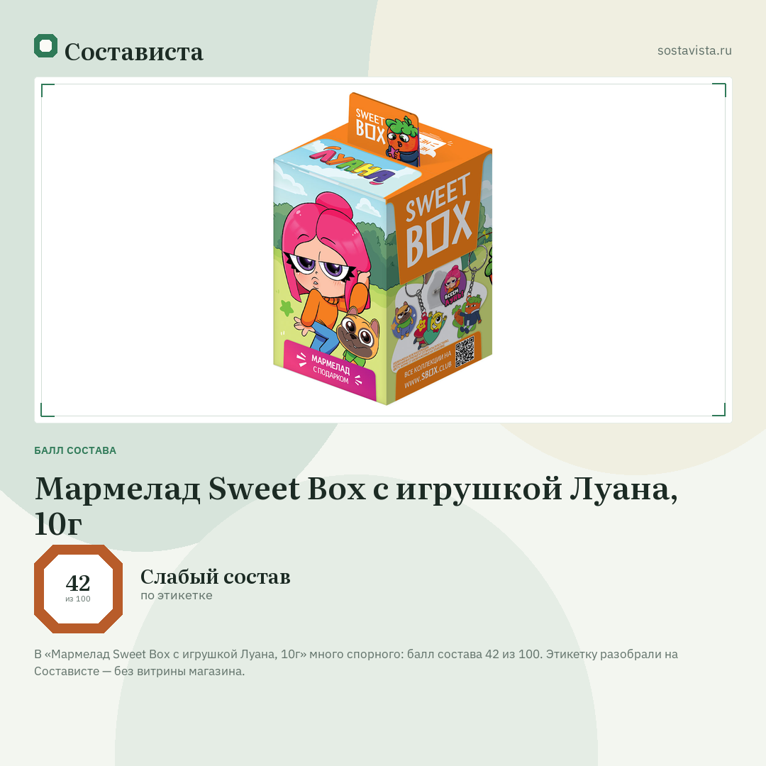 Мармелад Sweet Box с игрушкой Луана, 10г: балл состава 42 из 100 — Состависта