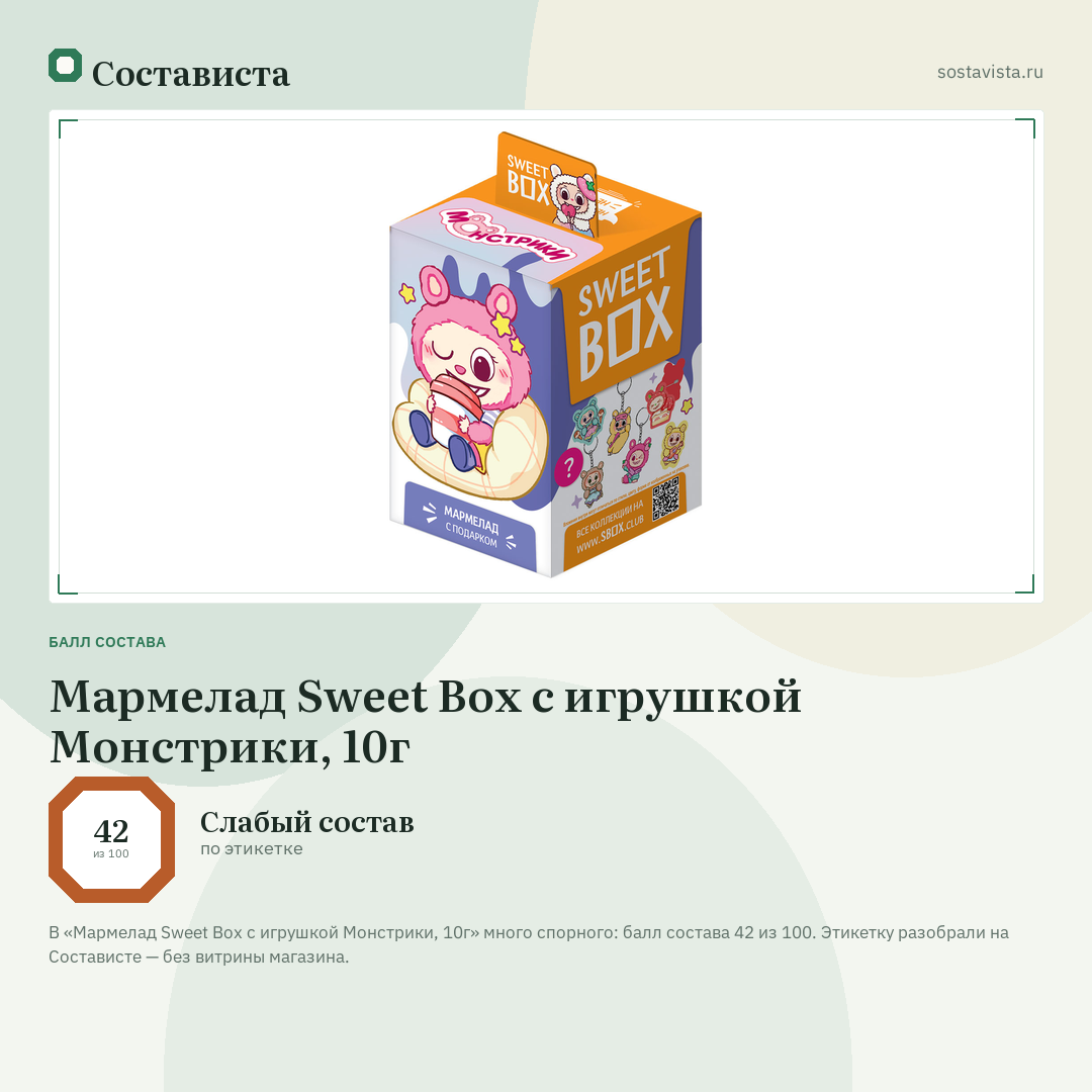 Мармелад Sweet Box с игрушкой Монстрики, 10г: балл состава 42 из 100 — Состависта