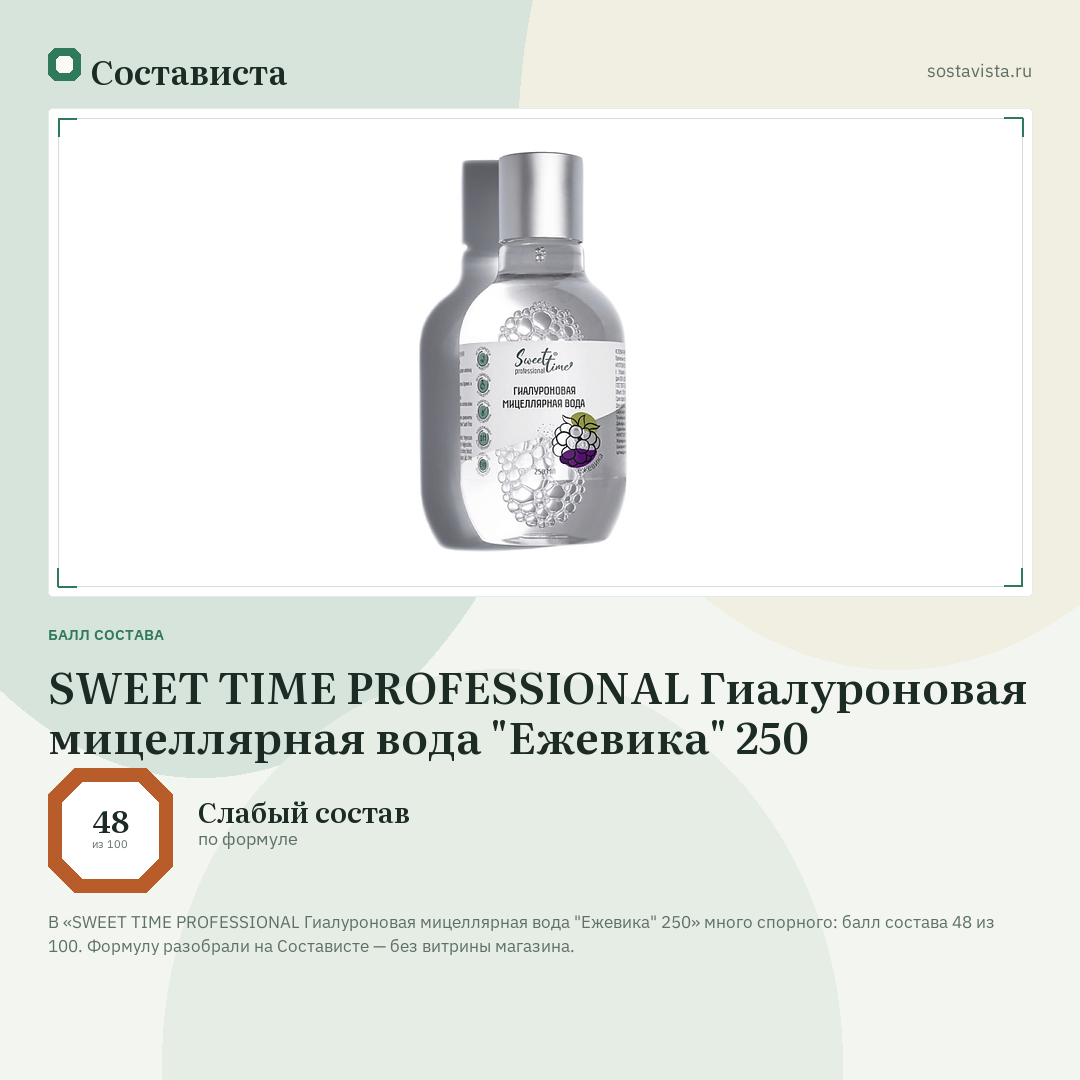 SWEET TIME PROFESSIONAL Гиалуроновая мицеллярная вода "Ежевика" 250: балл состава 48 из 100 — Состависта