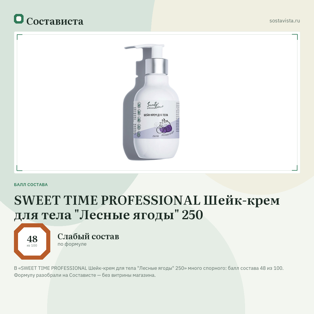 SWEET TIME PROFESSIONAL Шейк-крем для тела "Лесные ягоды" 250: балл состава 48 из 100 — Состависта