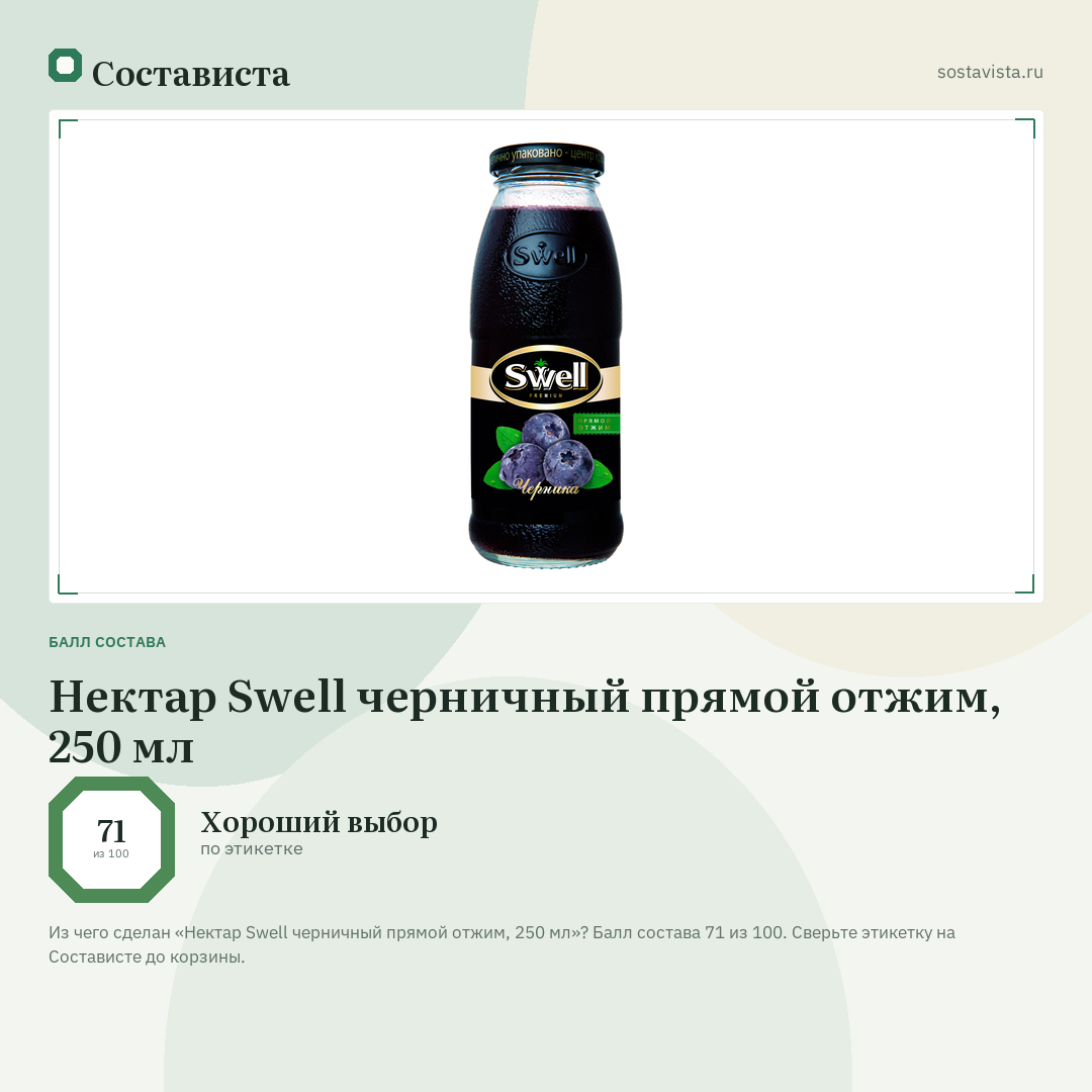 Нектар Swell черничный прямой отжим, 250 мл: балл состава 71 из 100 — Состависта