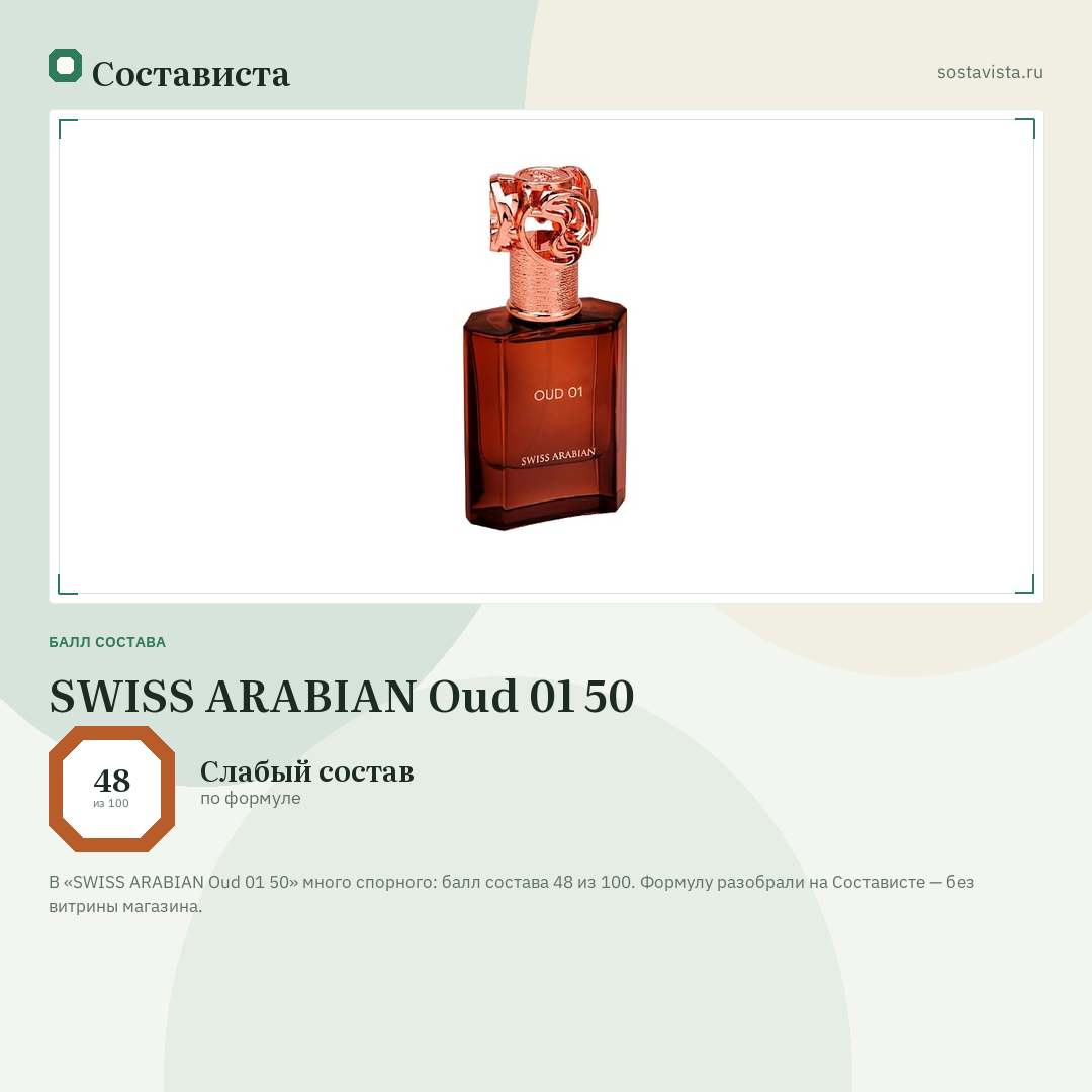 SWISS ARABIAN Oud 01 50: балл состава 48 из 100 — Состависта