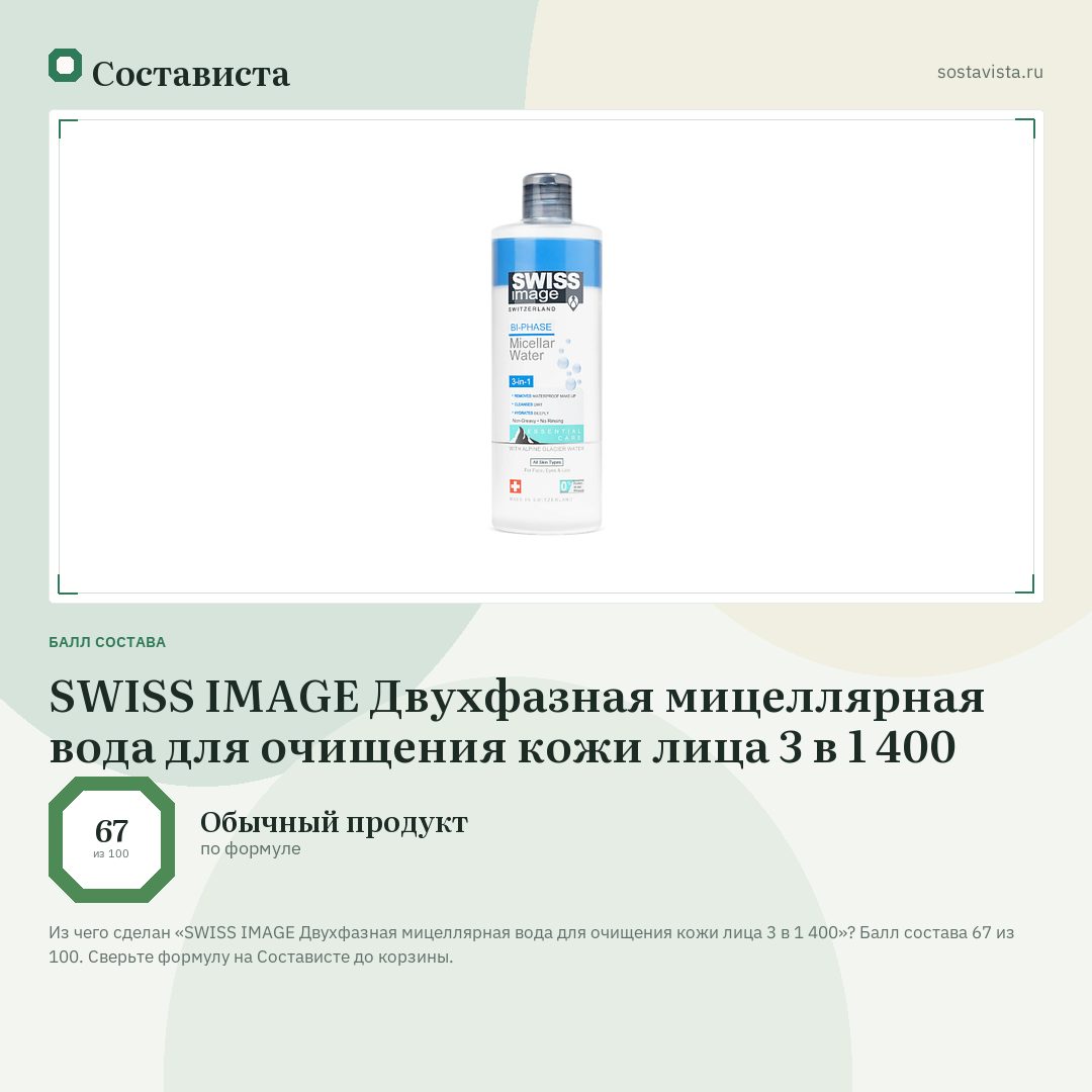 SWISS IMAGE Двухфазная мицеллярная вода для очищения кожи лица 3 в 1 400: балл состава 67 из 100 — Состависта