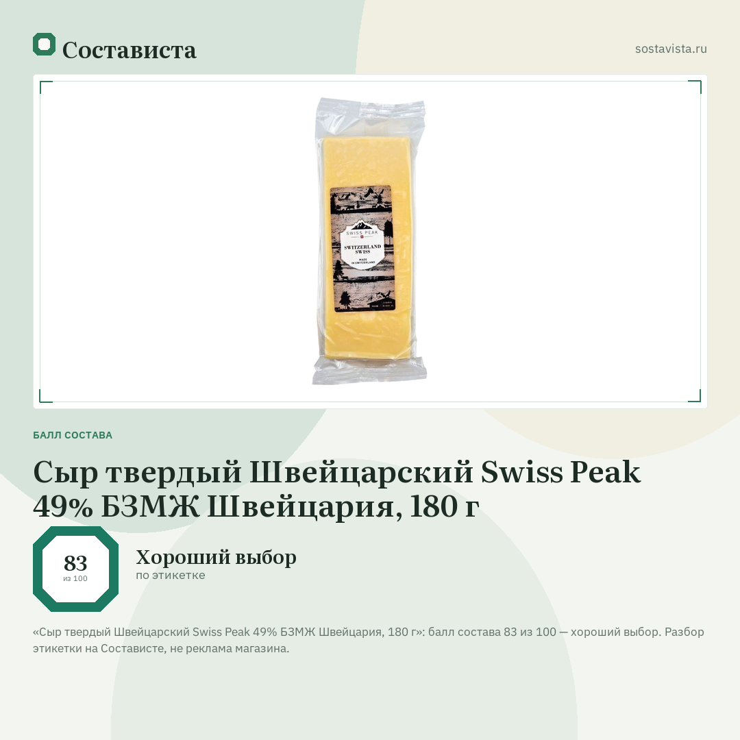 Сыр твердый Швейцарский Swiss Peak 49% БЗМЖ Швейцария, 180 г: балл состава 83 из 100 — Состависта