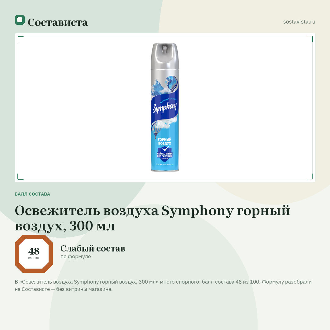 Освежитель воздуха Symphony горный воздух, 300 мл: балл состава 48 из 100 — Состависта