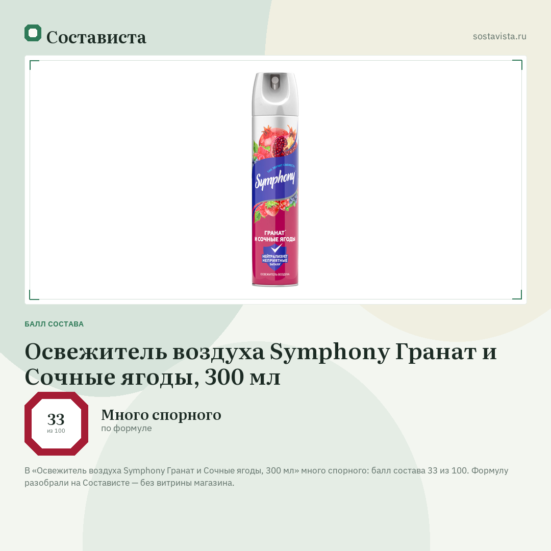Освежитель воздуха Symphony Гранат и Сочные ягоды, 300 мл: балл состава 33 из 100 — Состависта