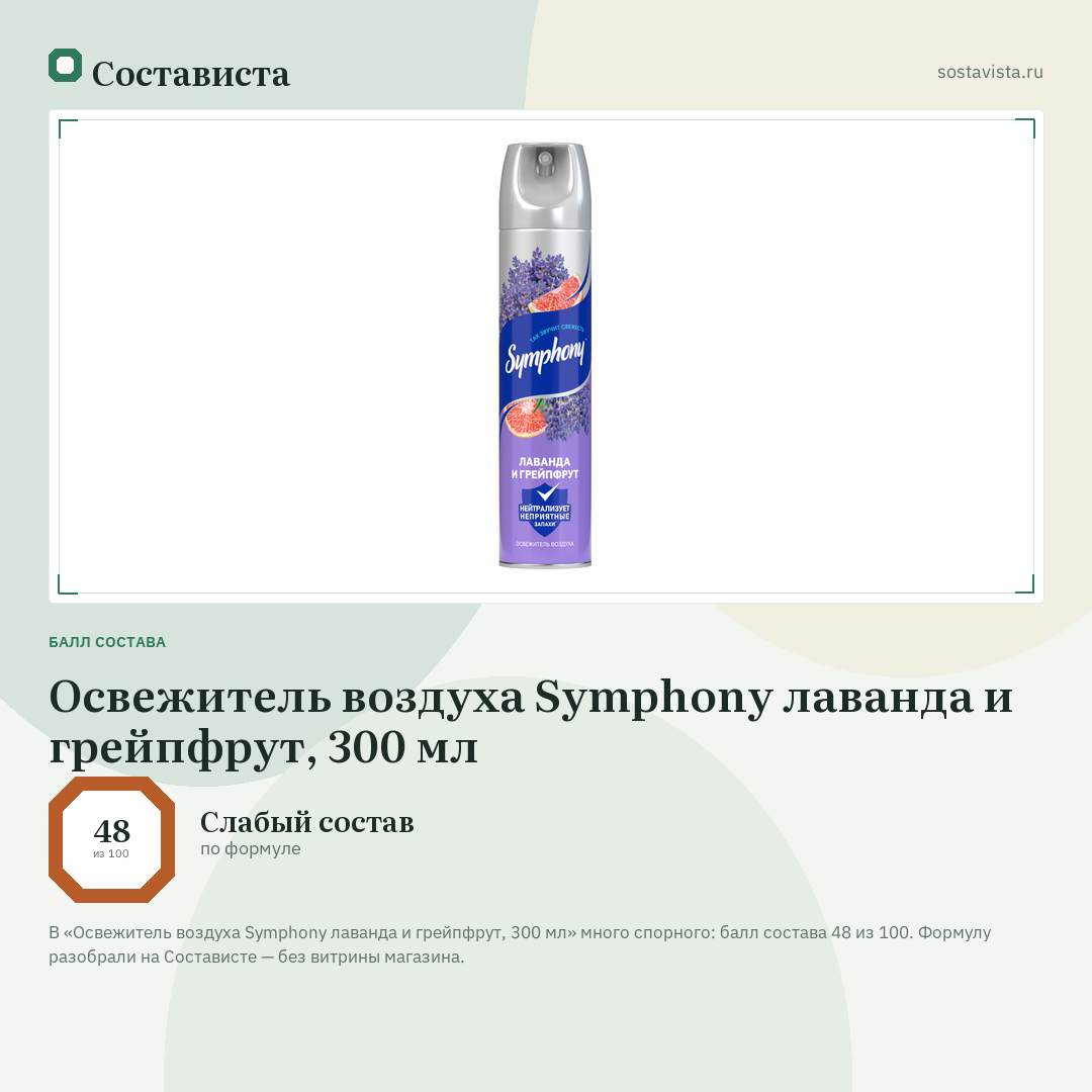 Освежитель воздуха Symphony лаванда и грейпфрут, 300 мл: балл состава 48 из 100 — Состависта