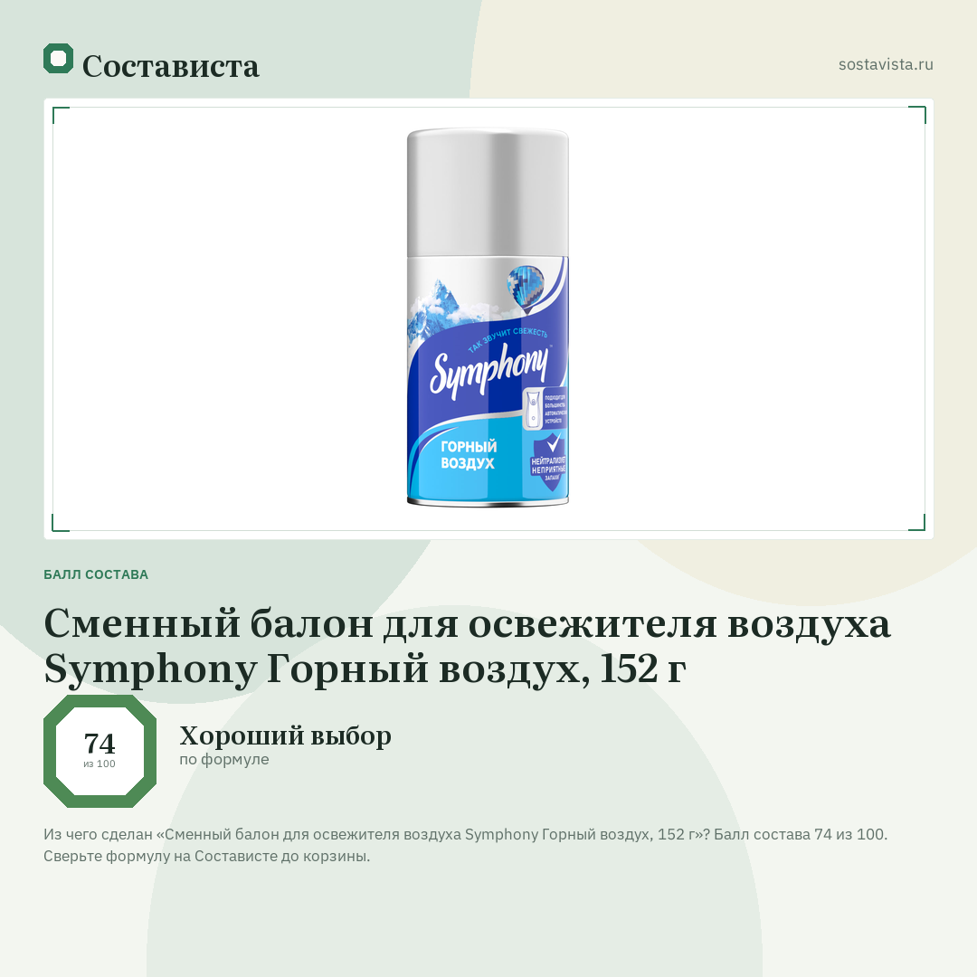 Сменный балон для освежителя воздуха Symphony Горный воздух, 152 г: балл состава 74 из 100 — Состависта