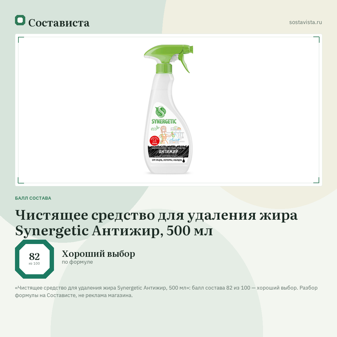 Чистящее средство для удаления жира Synergetic Антижир, 500 мл: балл состава 82 из 100 — Состависта