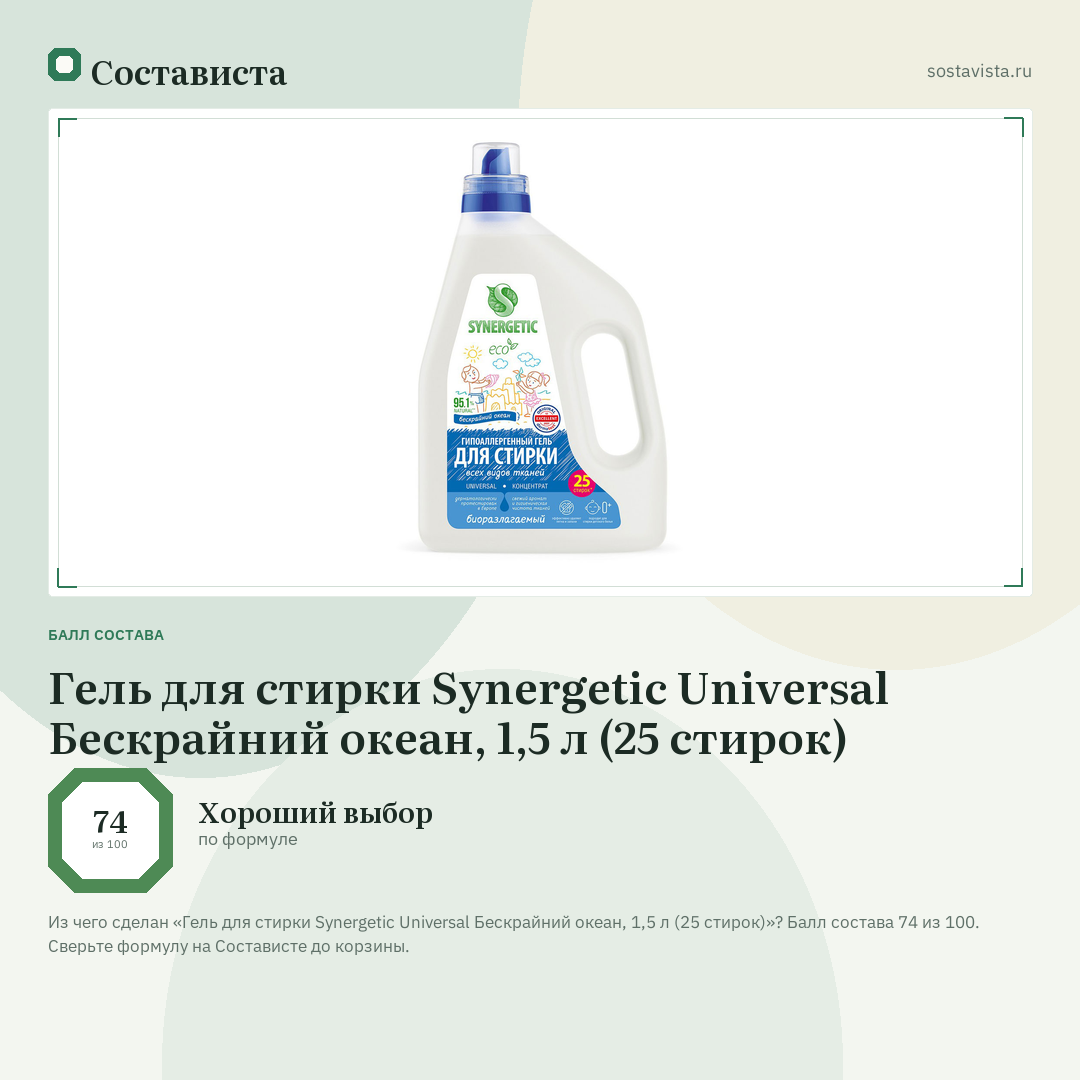 Гель для стирки Synergetic Universal Бескрайний океан, 1,5 л (25 стирок): балл состава 74 из 100 — Состависта