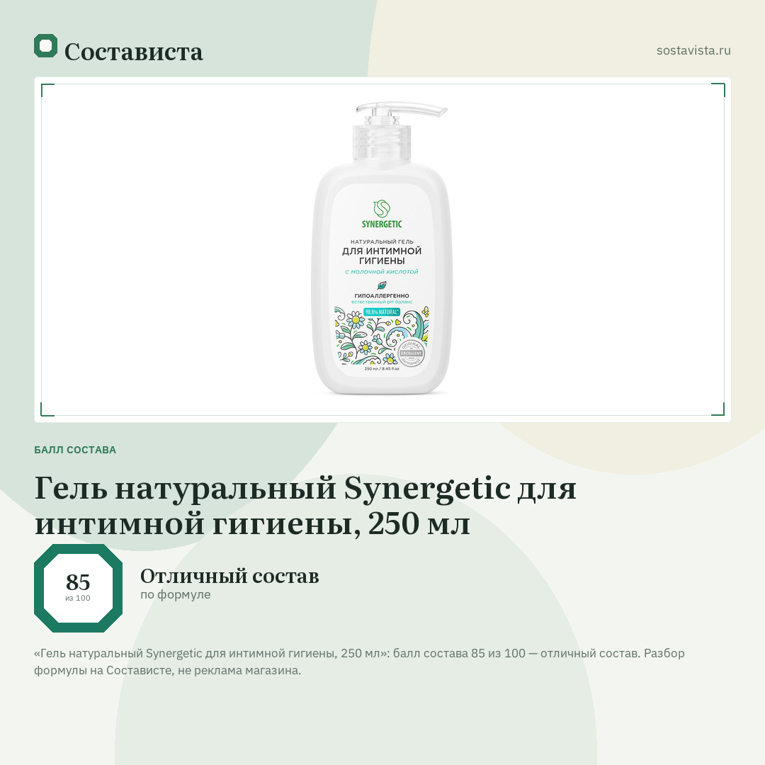 Гель натуральный Synergetic для интимной гигиены, 250 мл: балл состава 85 из 100 — Состависта