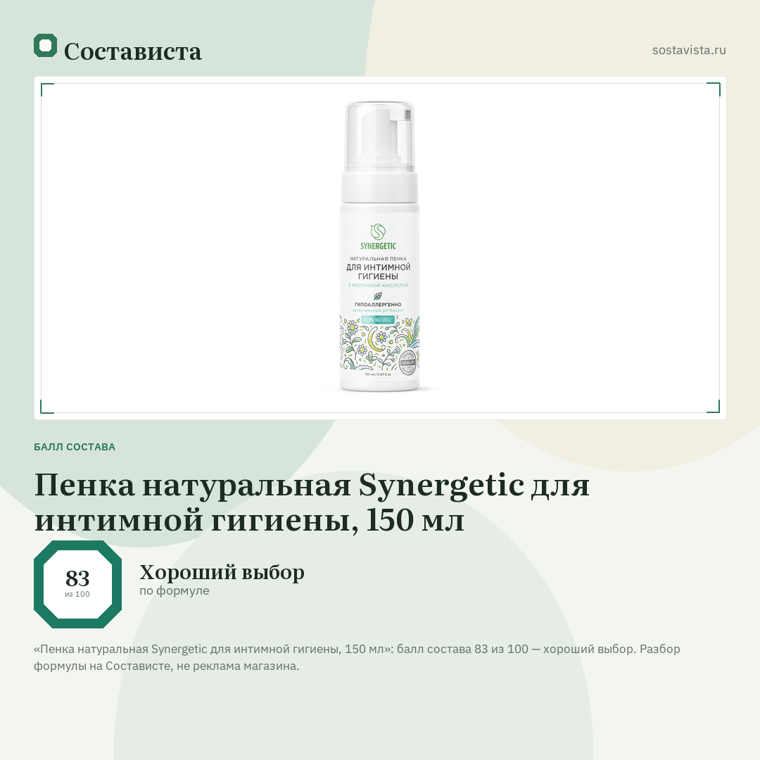 Пенка натуральная Synergetic для интимной гигиены, 150 мл: балл состава 83 из 100 — Состависта