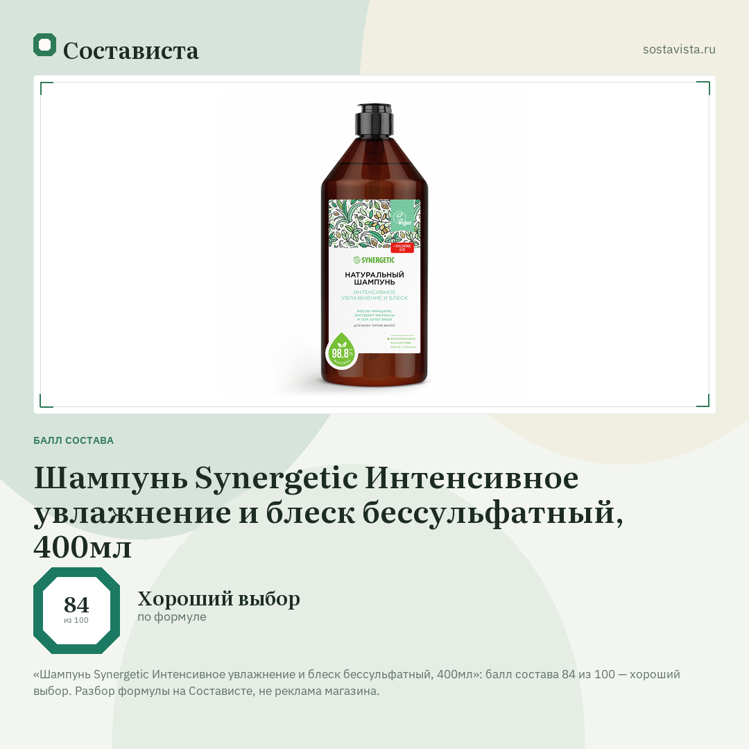 Шампунь Synergetic Интенсивное увлажнение и блеск бессульфатный, 400мл: балл состава 84 из 100 — Состависта