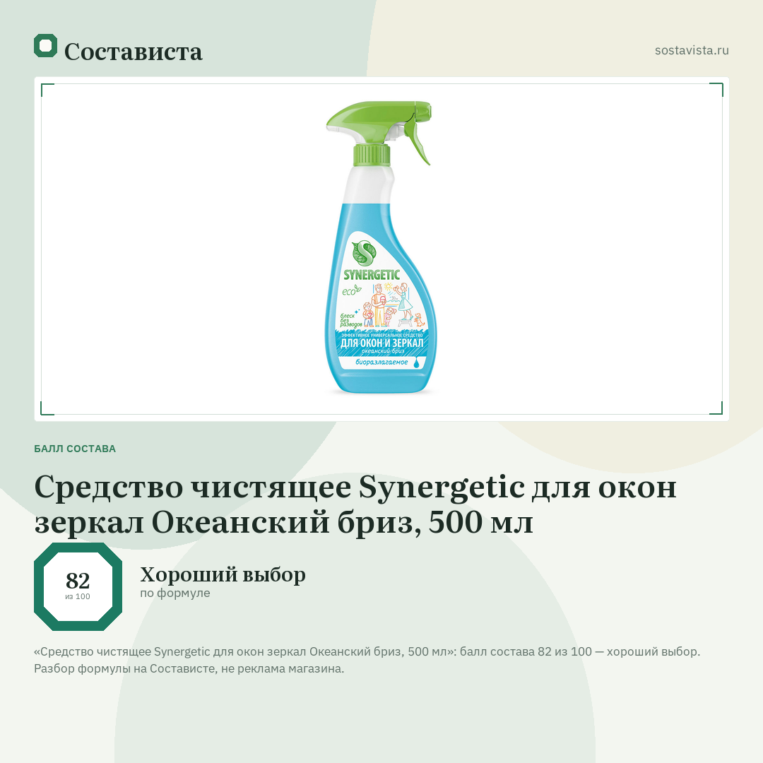 Средство чистящее Synergetic для окон зеркал Океанский бриз, 500 мл: балл состава 82 из 100 — Состависта