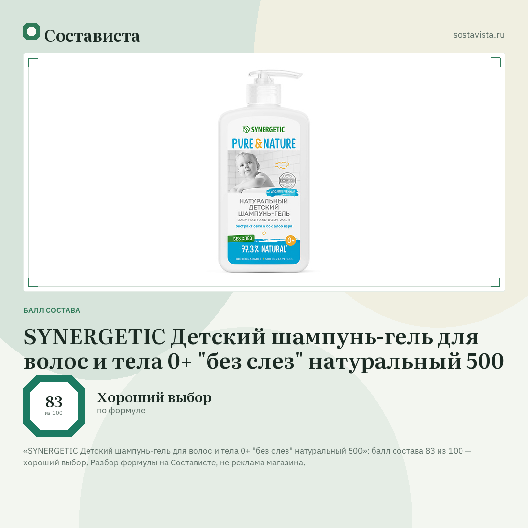 SYNERGETIC Детский шампунь-гель для волос и тела 0+ "без слез" натуральный 500: балл состава 83 из 100 — Состависта