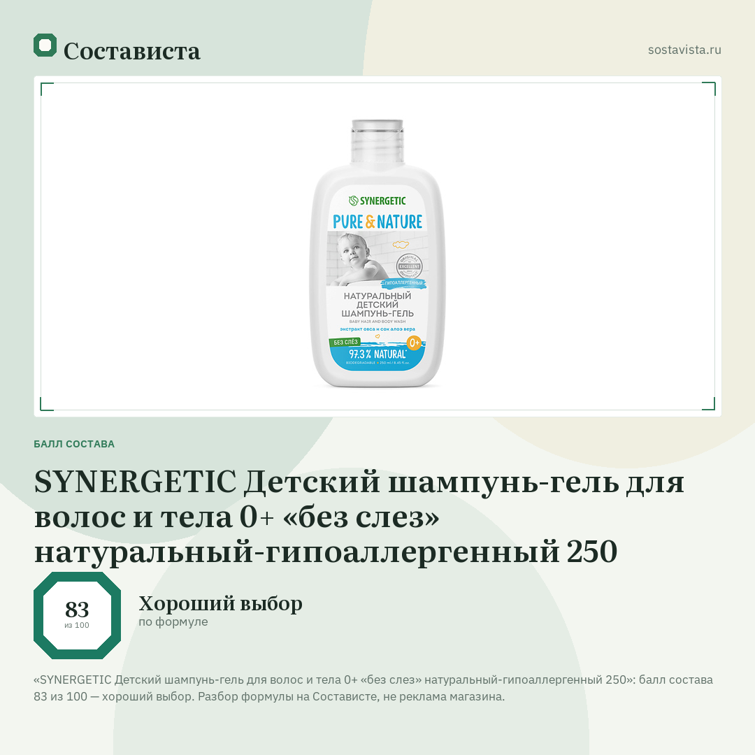 SYNERGETIC Детский шампунь-гель для волос и тела 0+ «без слез» натуральный-гипоаллергенный 250: балл состава 83 из 100 — Состависта
