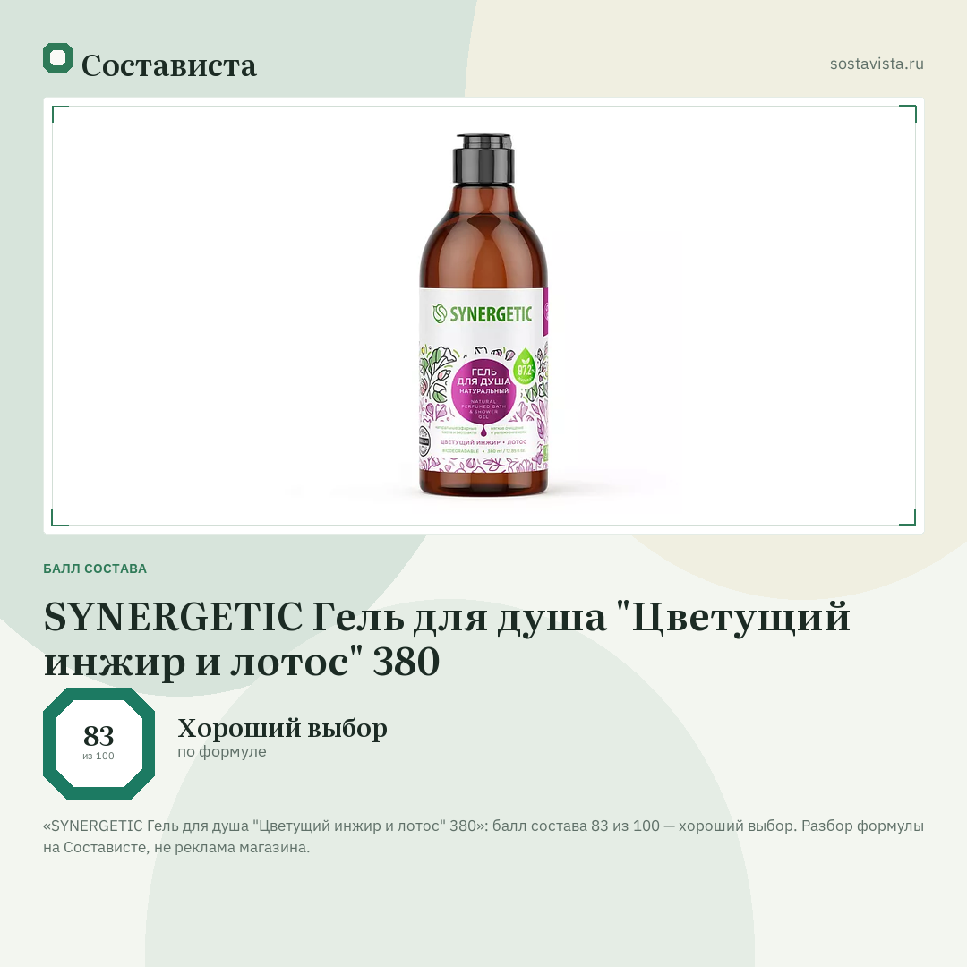SYNERGETIC Гель для душа "Цветущий инжир и лотос" 380: балл состава 83 из 100 — Состависта