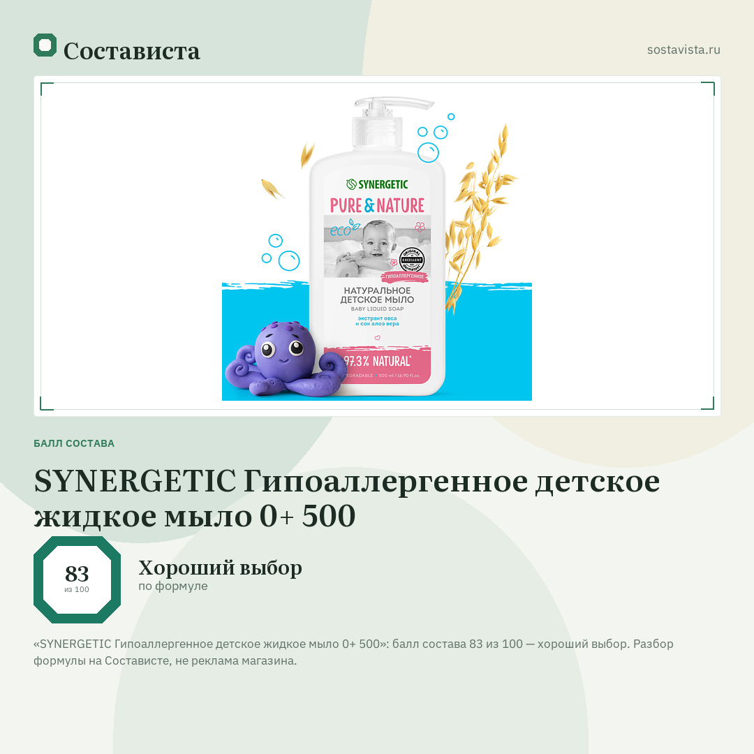SYNERGETIC Гипоаллергенное детское жидкое мыло 0+ 500: балл состава 83 из 100 — Состависта