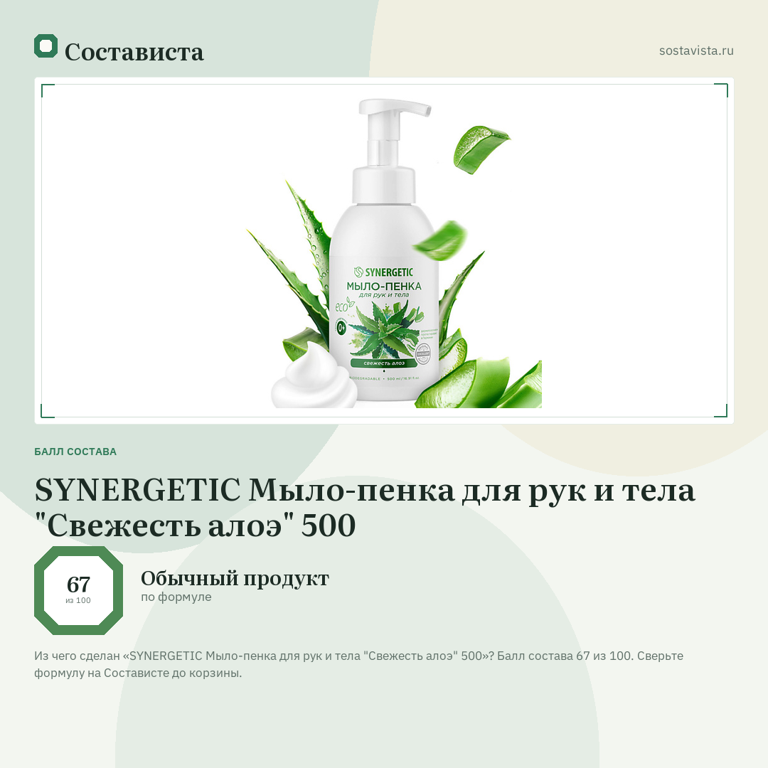 SYNERGETIC Мыло-пенка для рук и тела "Свежесть алоэ" 500: балл состава 67 из 100 — Состависта