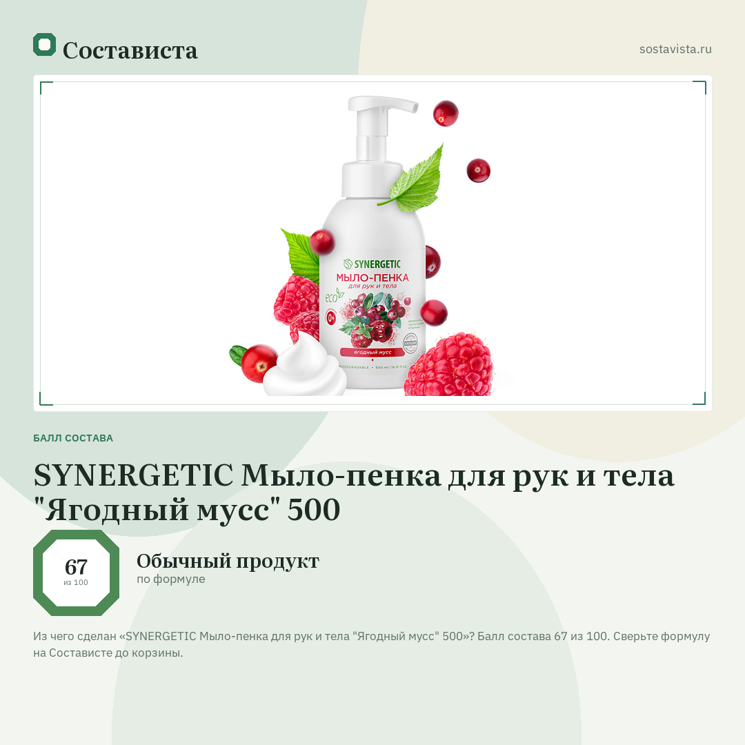 SYNERGETIC Мыло-пенка для рук и тела "Ягодный мусс" 500: балл состава 67 из 100 — Состависта