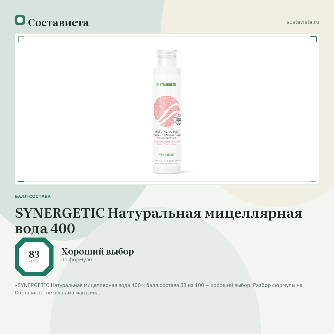 SYNERGETIC Натуральная мицеллярная вода 400: балл состава 83 из 100 — Состависта