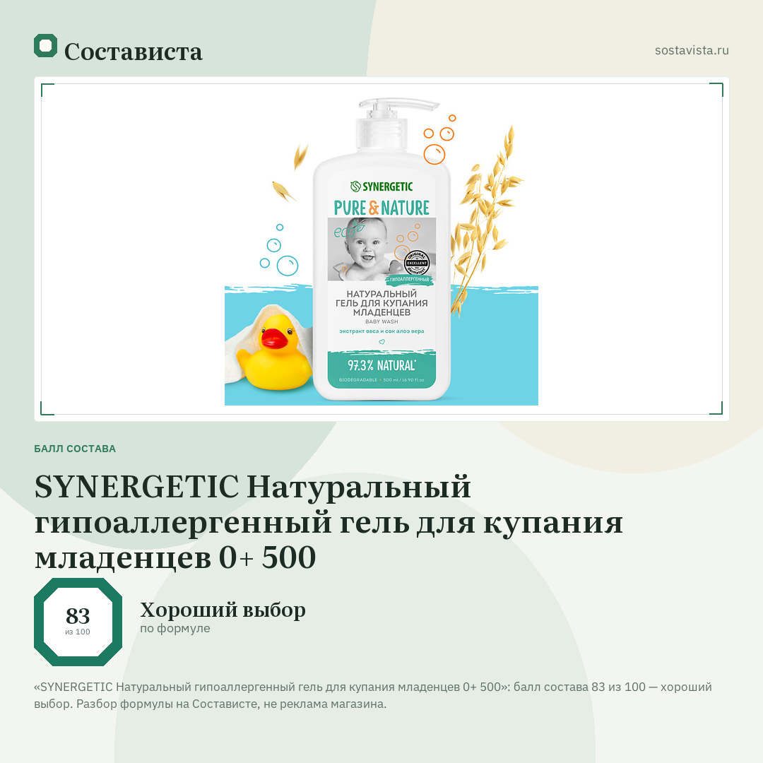 SYNERGETIC Натуральный гипоаллергенный гель для купания младенцев 0+ 500: балл состава 83 из 100 — Состависта