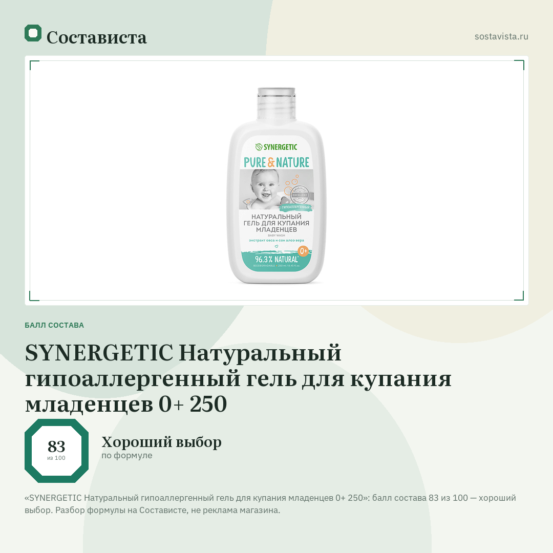 SYNERGETIC Натуральный гипоаллергенный гель для купания младенцев 0+ 250: балл состава 83 из 100 — Состависта