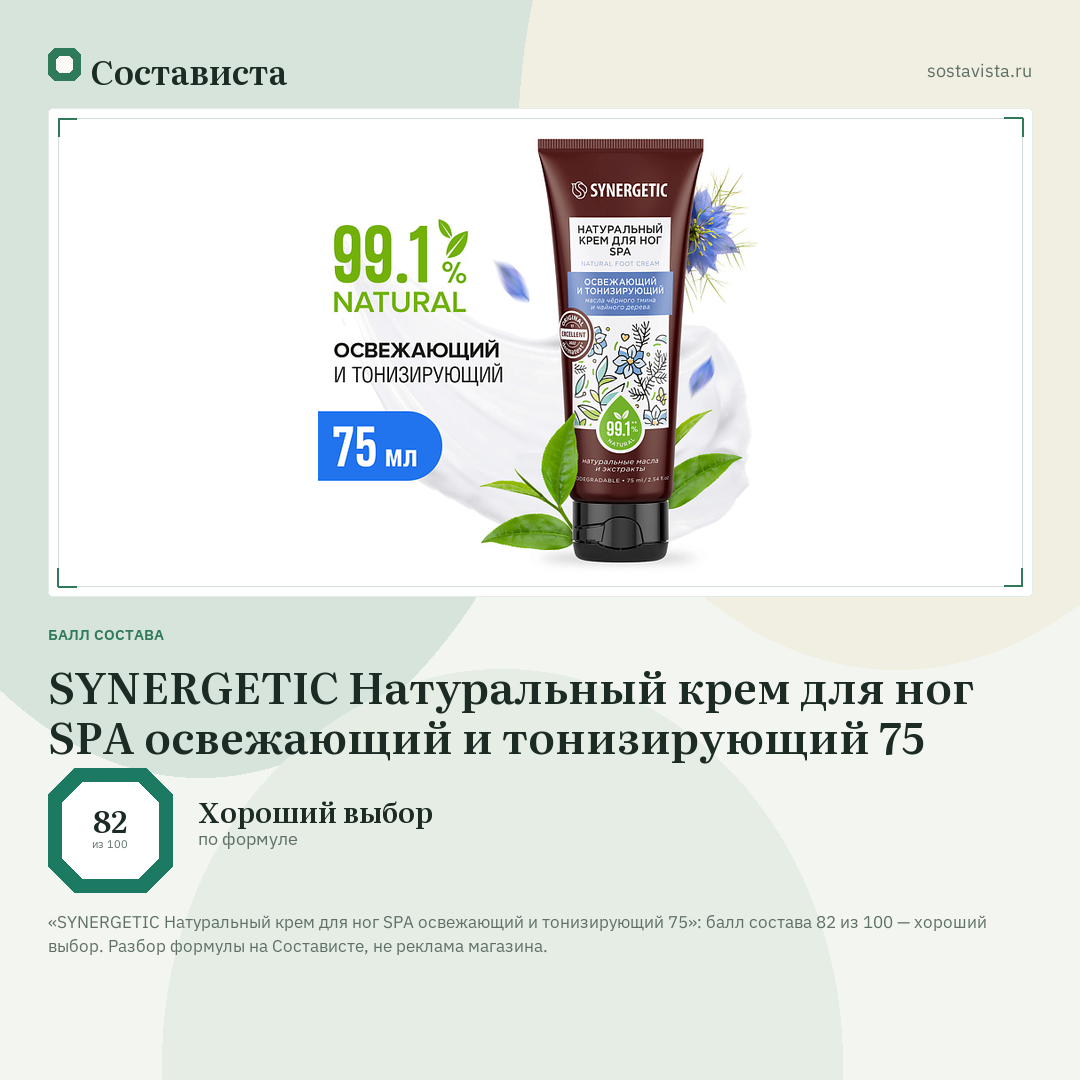 SYNERGETIC Натуральный крем для ног SPA освежающий и тонизирующий 75: балл состава 82 из 100 — Состависта