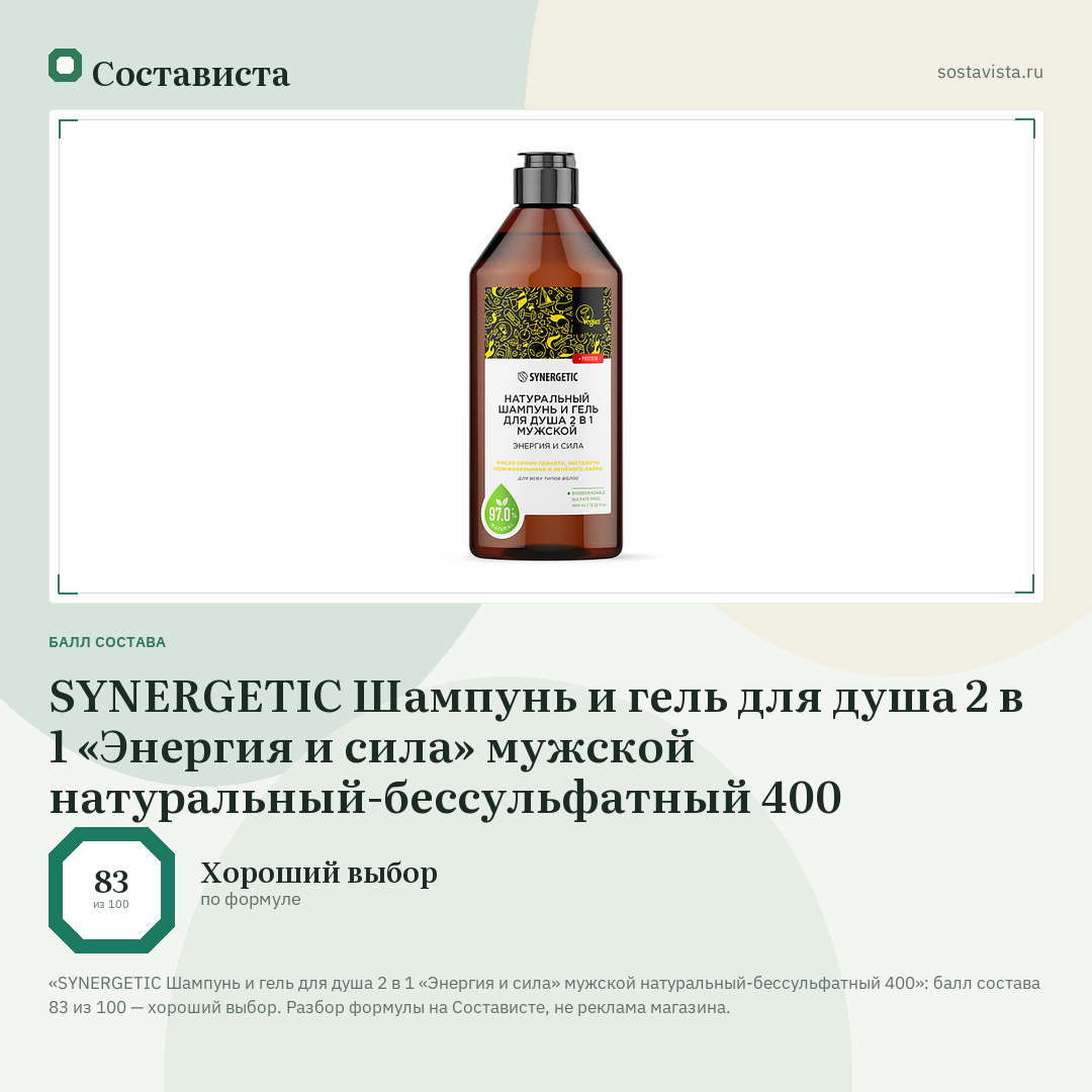 SYNERGETIC Шампунь и гель для душа 2 в 1 «Энергия и сила» мужской натуральный-бессульфатный 400: балл состава 83 из 100 — Состависта